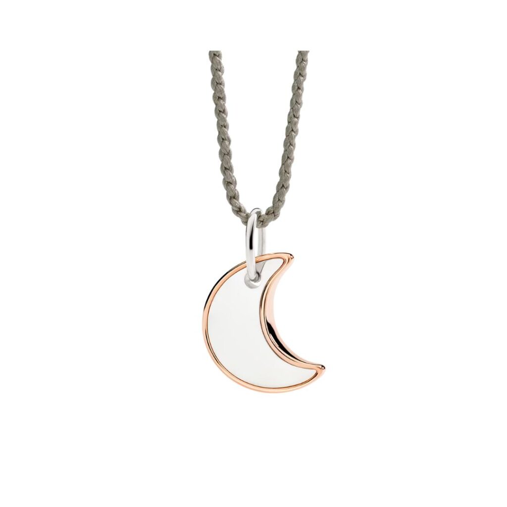 Penjoll DoDo Lluna XL en argent i or rosa amb cordó de seda